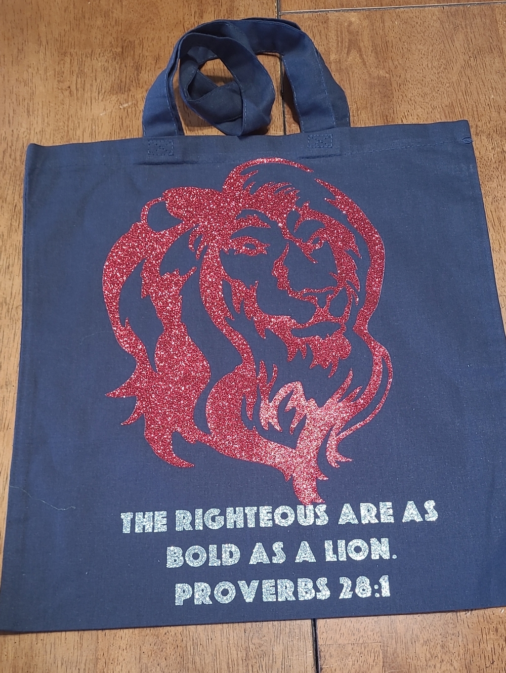 Glitter Red Lion Navy Tote Bag - Inspirational Bible Verse